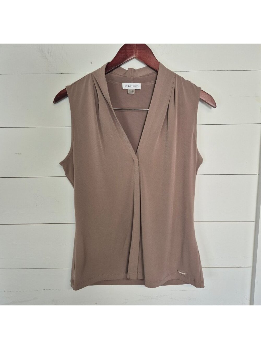 Calvin Klein Taupe Sleeveless V-Neck Top Small Petite Womens Blouse